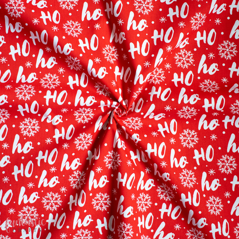 Ho Ho Ho & Snowflakes on Red - Christmas Polycotton Fabric