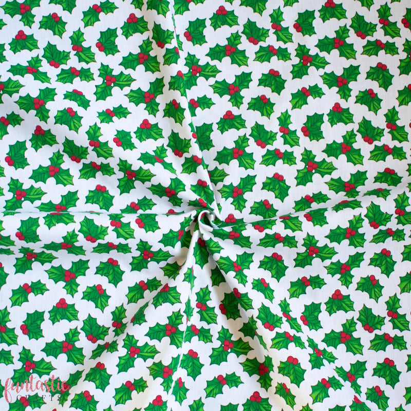 Holly on White Polycotton Fabric