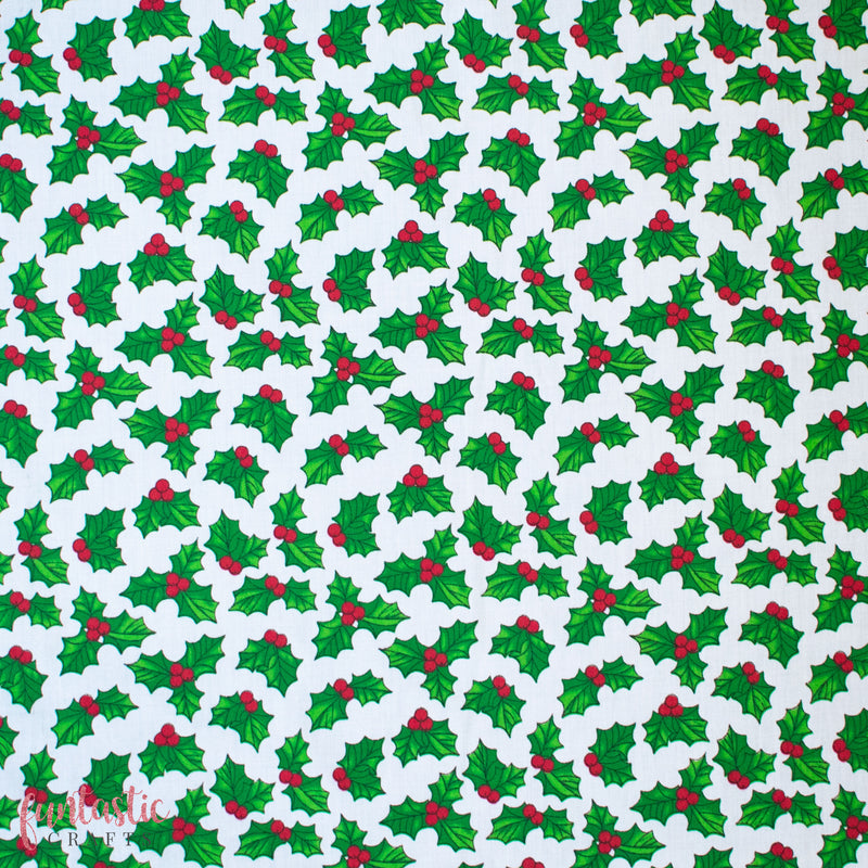 Holly on White Polycotton Fabric