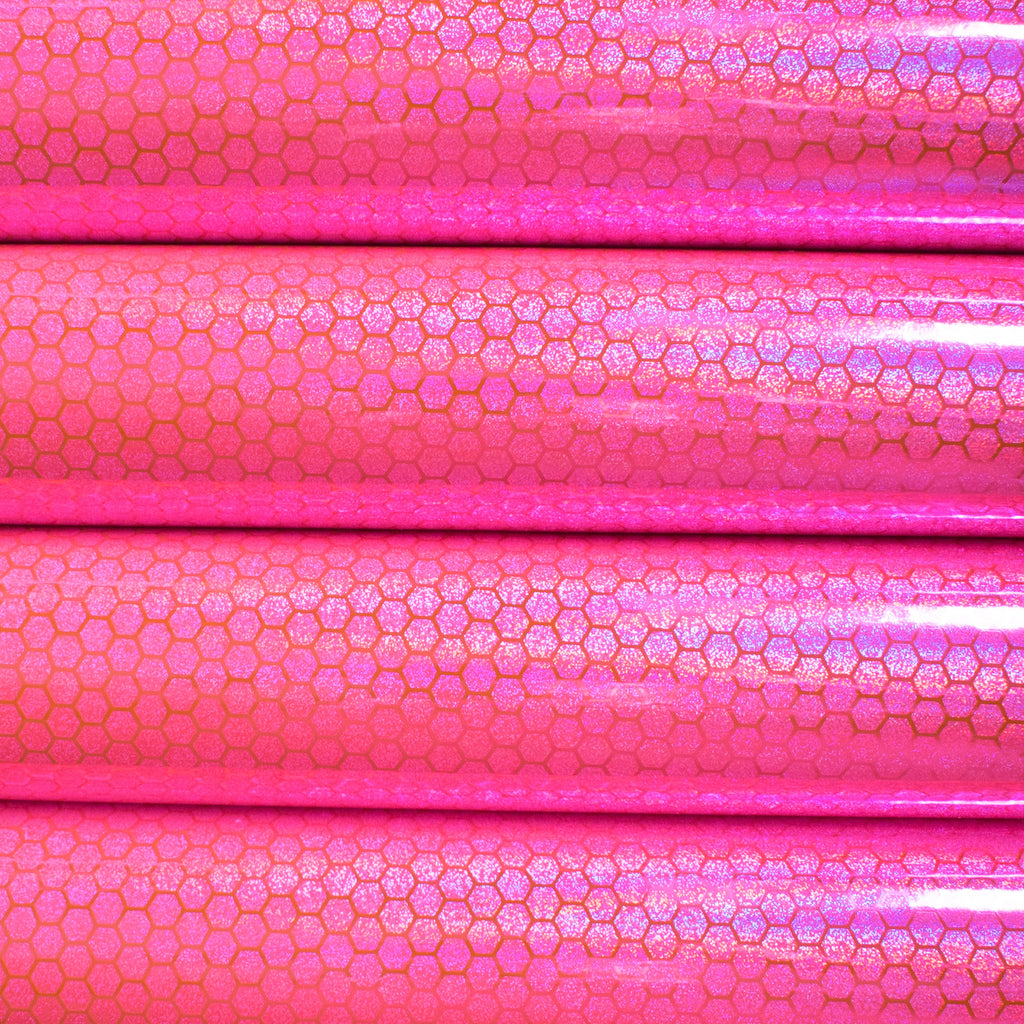 Holographic Honeycomb Leatherette Fabric - Hot Pink