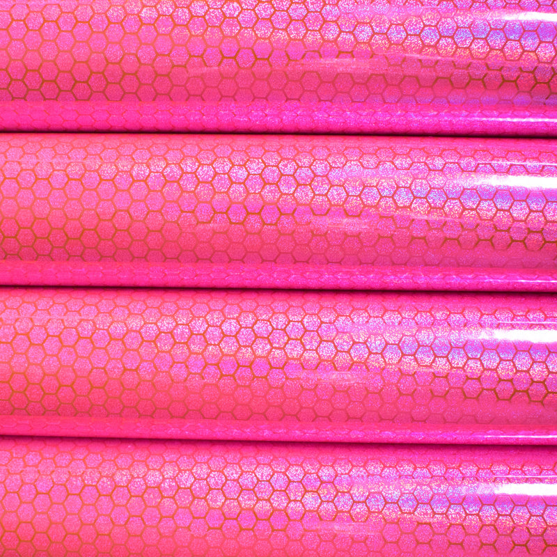 Holographic Honeycomb Leatherette Fabric - Hot Pink