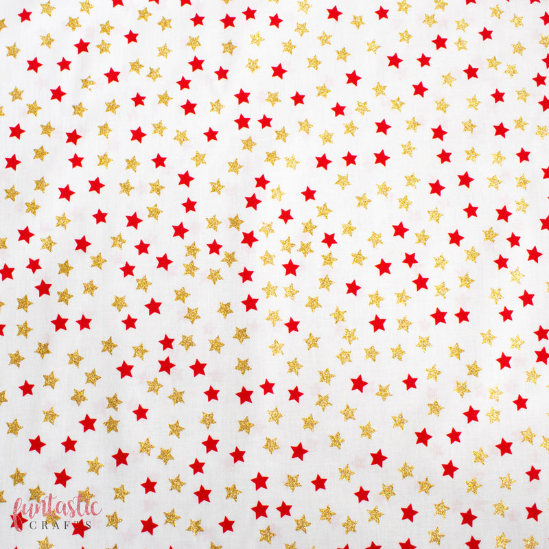 Red and Gold Glitter Stars 100% Cotton Christmas Fabric by Rose and Hubble