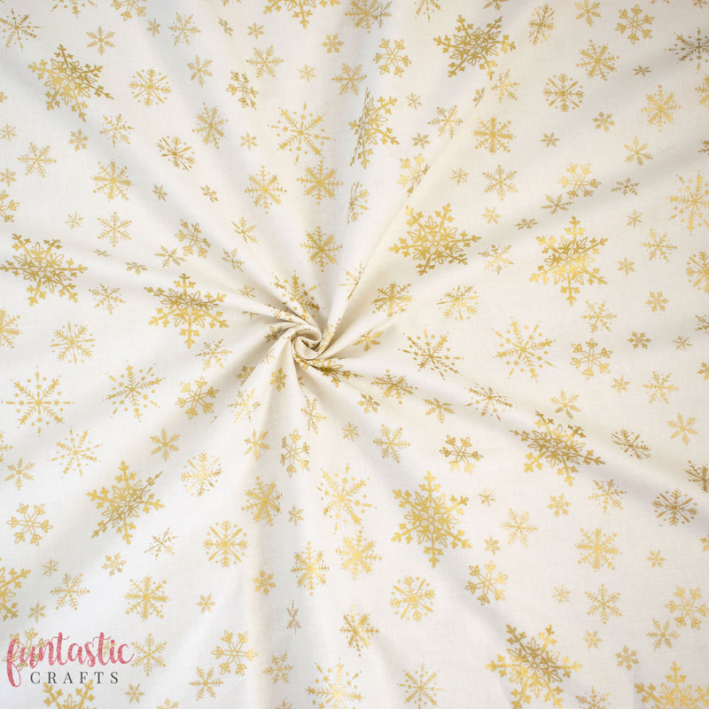 Metallic Gold Snowflakes on Ivory 100% Cotton Christmas Fabric