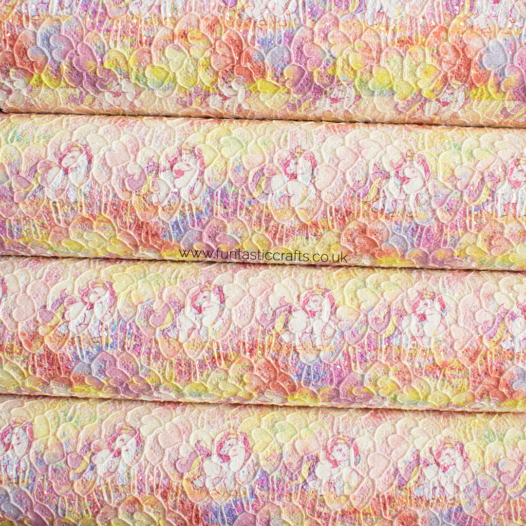 Iridescent Unicorn Printed Glitter Lace Fabric - Lemon Yellow