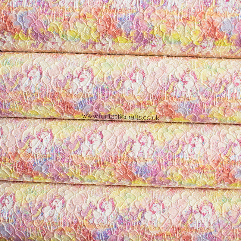 Iridescent Unicorn Printed Glitter Lace Fabric - Lemon Yellow