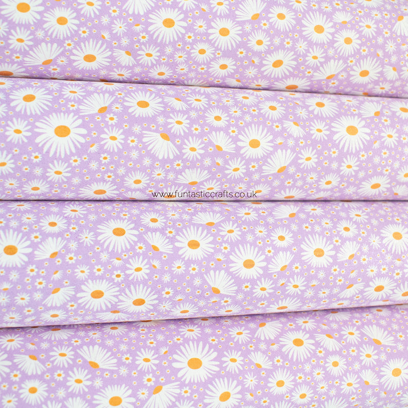 Lilac Daisy Floral Glitter Faux Suede Fabric