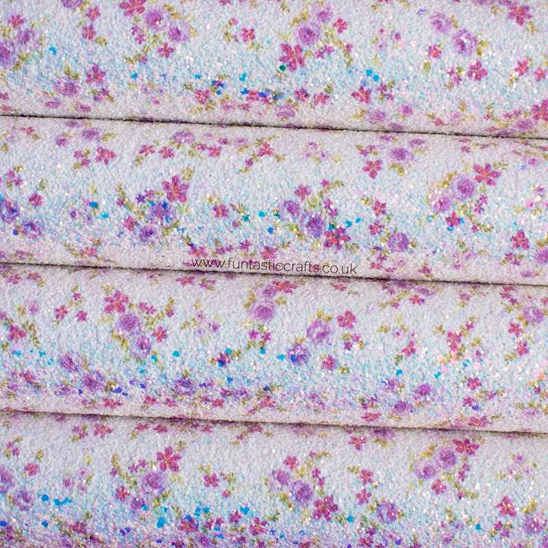 Tiny Lilac Floral Printed Chunky Glitter Fabric