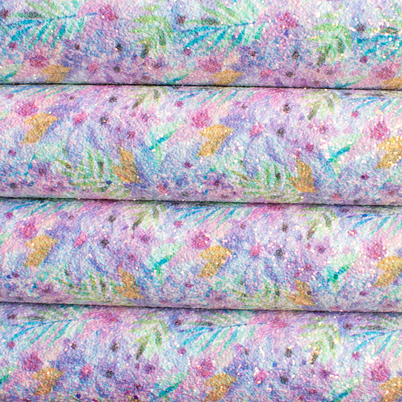 Lilac Tropical Floral Printed Chunky Glitter Fabric