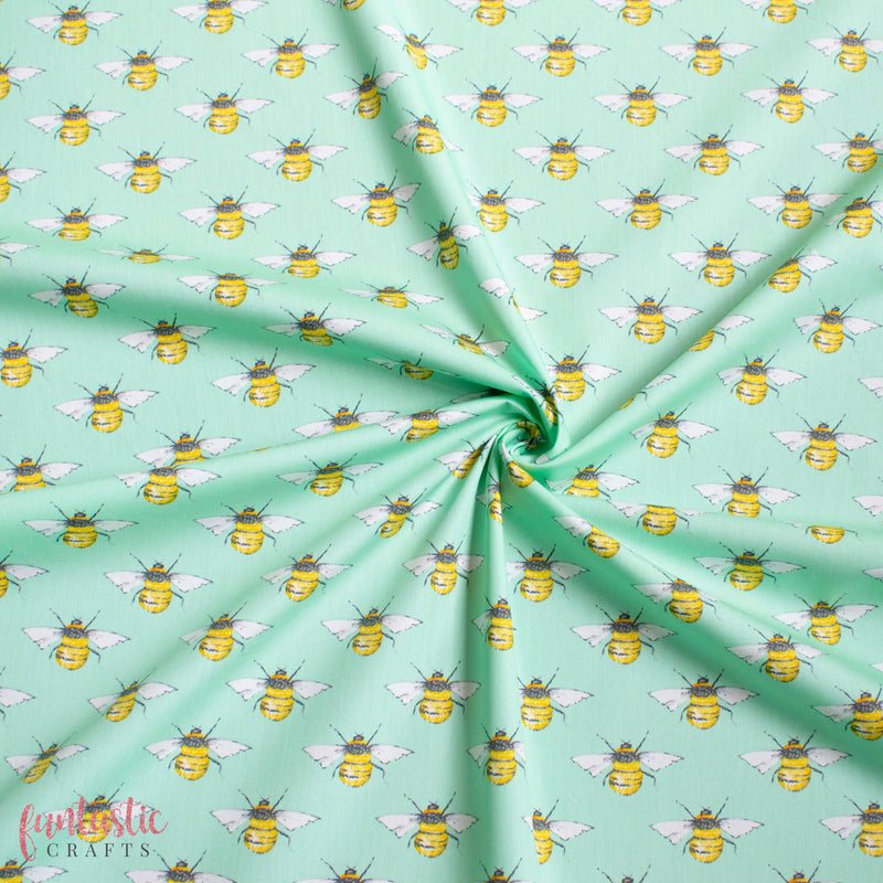 Bees on Meadow Green - 100% Cotton Fabric by Rose and Hubble