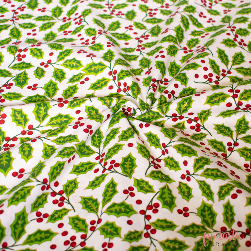 Metallic Holly 100% Cotton Christmas Fabric by John Louden