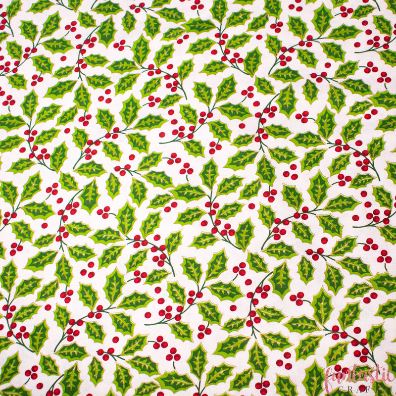 Metallic Holly 100% Cotton Christmas Fabric by John Louden