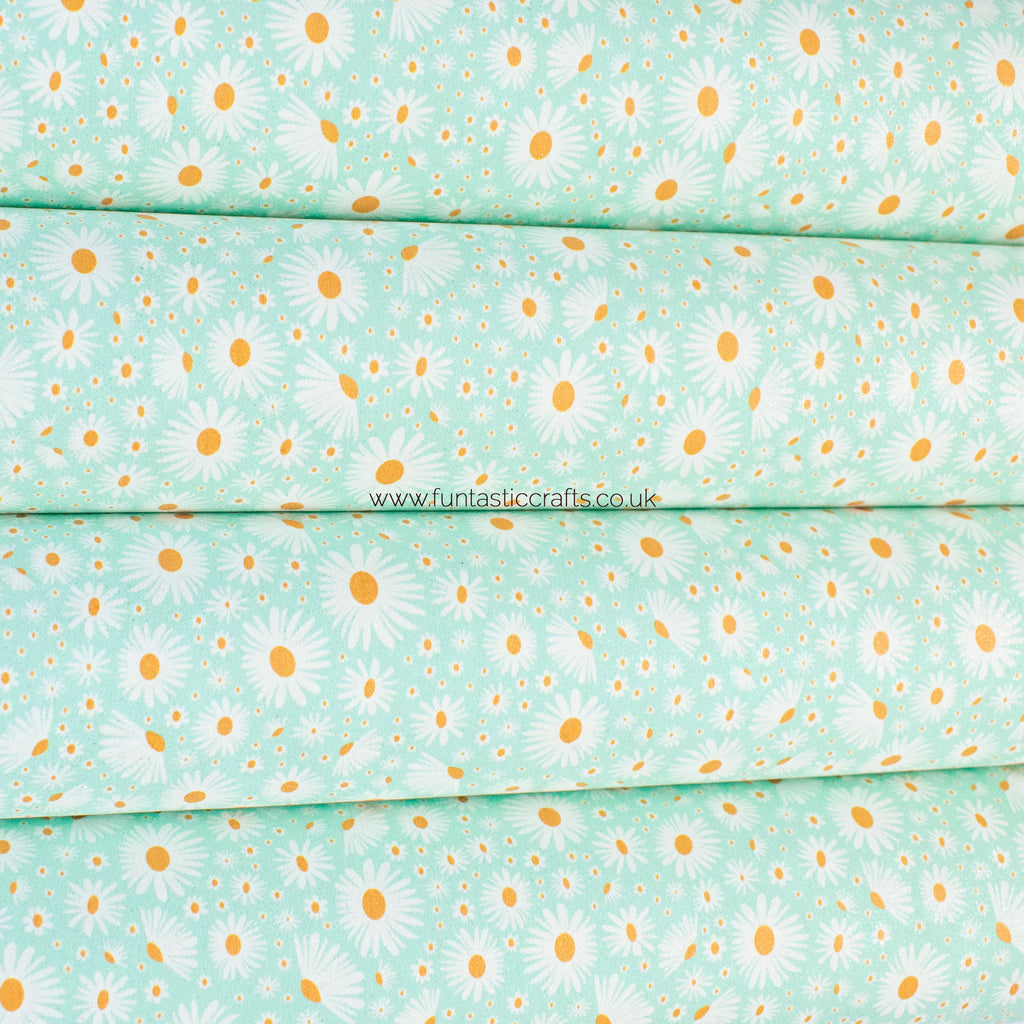 Pastel Mint Daisy Floral Glitter Faux Suede Fabric