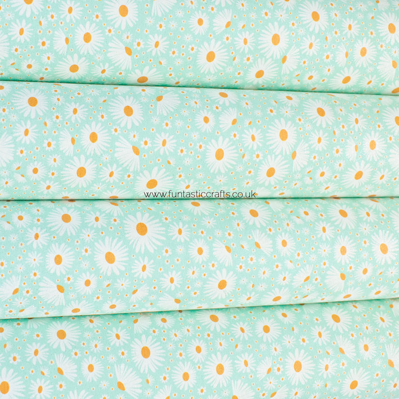 Pastel Mint Daisy Floral Glitter Faux Suede Fabric