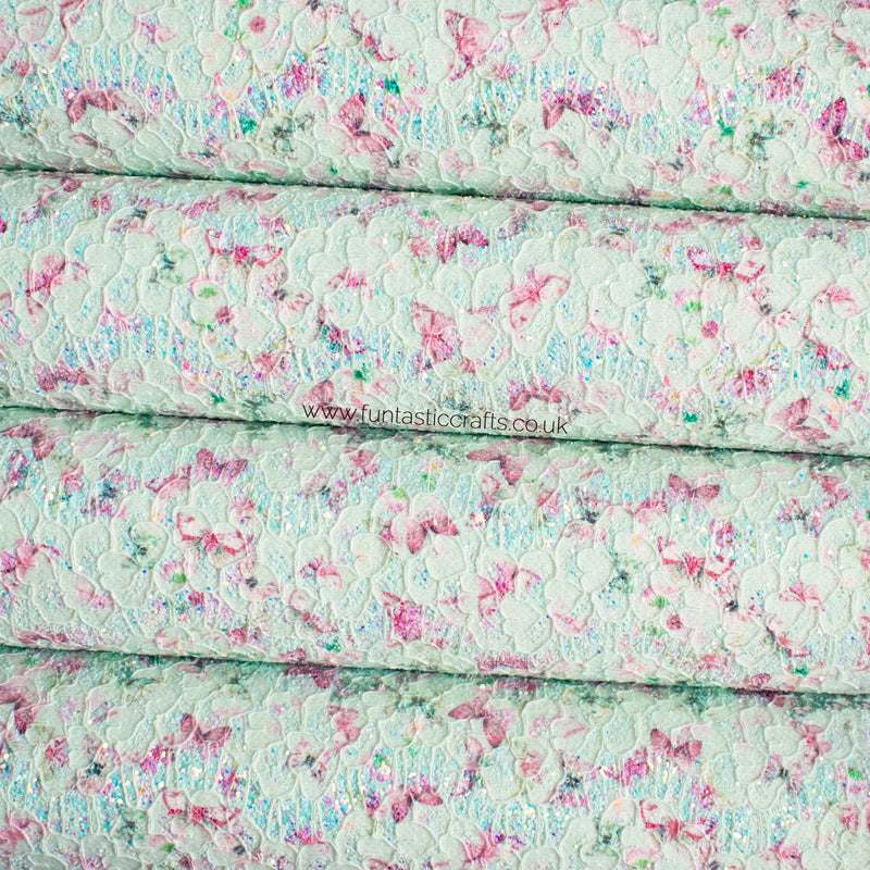 Iridescent Glitter Lace Fabric with Butterflies - Mint