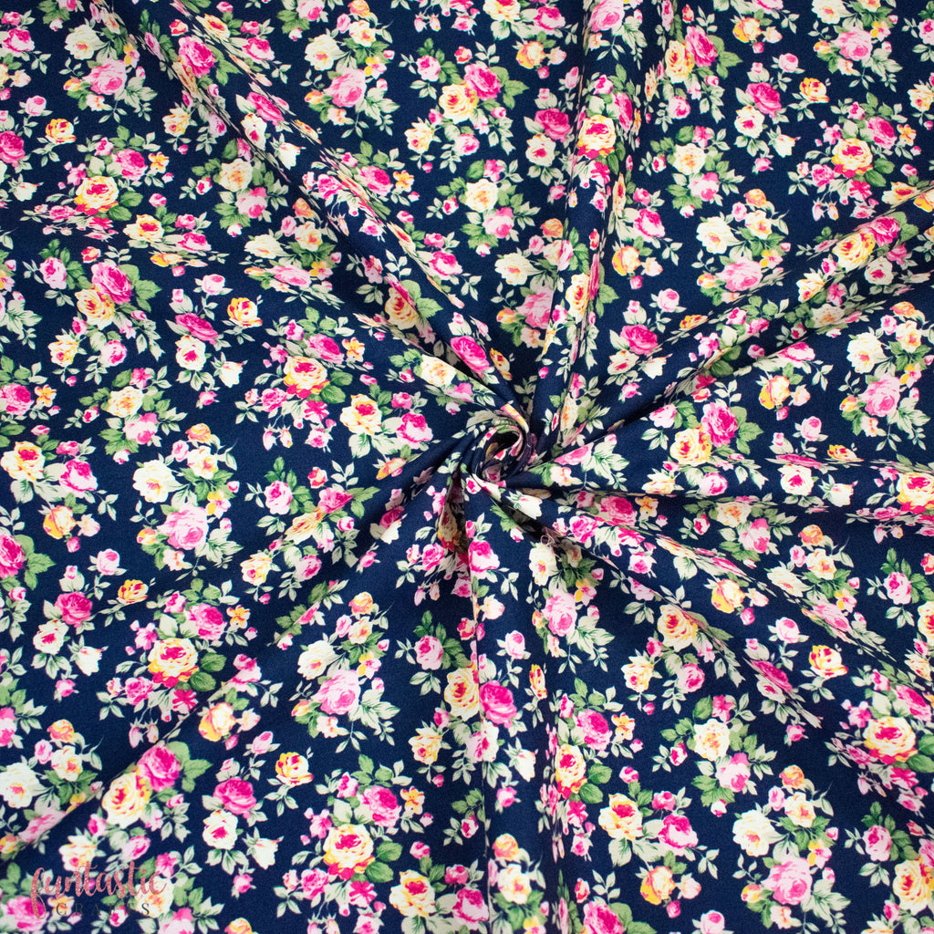 Navy Blue Bella Floral - 100% Cotton Fabric by Rose and Hubble