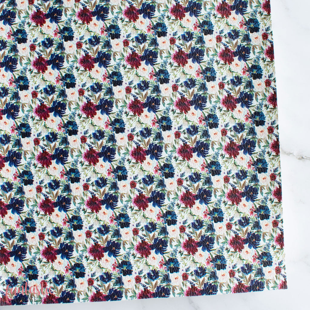 Navy and Wine Floral Printed Leatherette