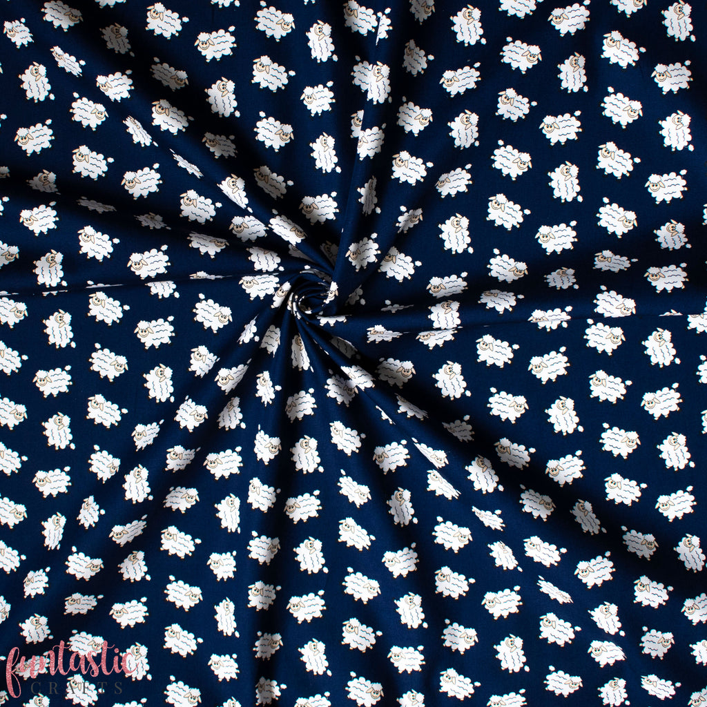 Woolly Sheep on Navy Blue - 100% Cotton Fabric