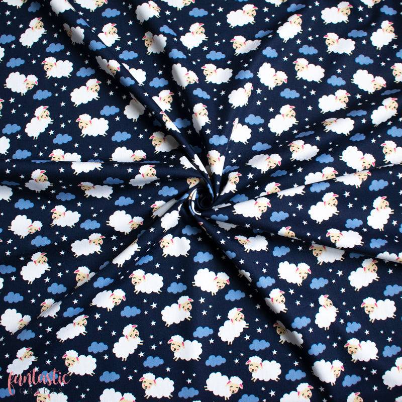 Sleepy Sheep and Clouds on Navy Blue - 100% Cotton Fabric