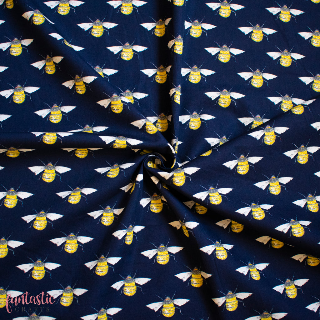 Bees on Navy Blue - 100% Cotton Fabric by Rose and Hubble