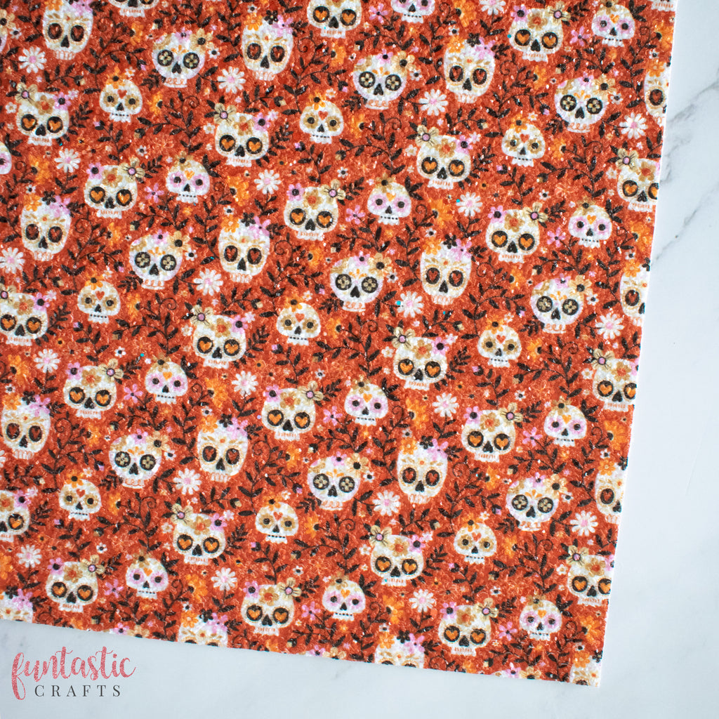 Orange Sugar Skulls Halloween Chunky Glitter Fabric