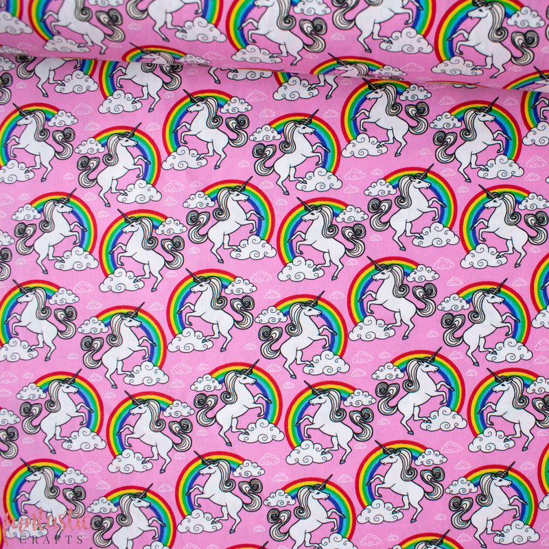 Pink Unicorn Over the Rainbow - 100% Cotton Fabric by Rose and Hubble