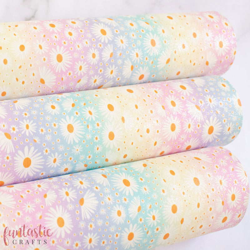 Pastel Rainbow Daisy Floral Glitter Faux Suede Fabric