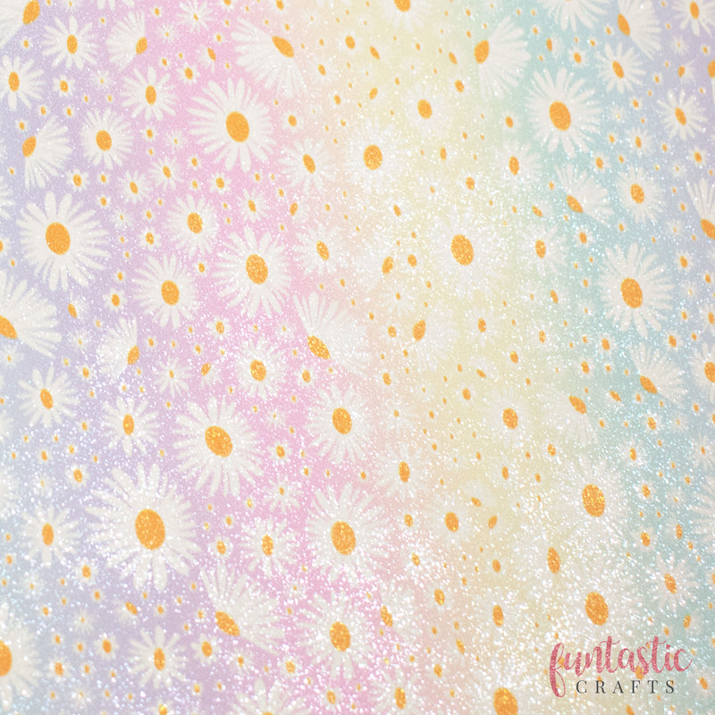 Pastel Rainbow Daisy Floral Glitter Faux Suede Fabric