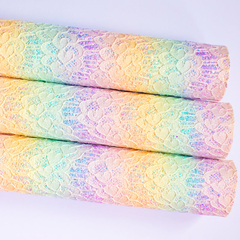 Iridescent Pastel Glitter Lace Fabric - Pastel Rainbow