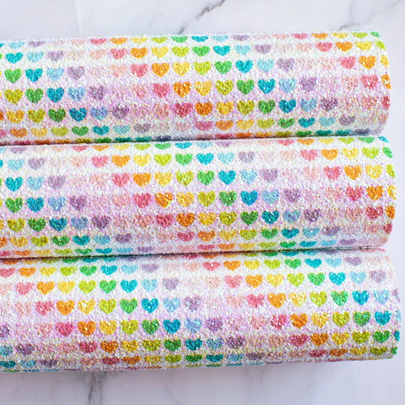 Pastel Rainbow Hearts Chunky Glitter Fabric
