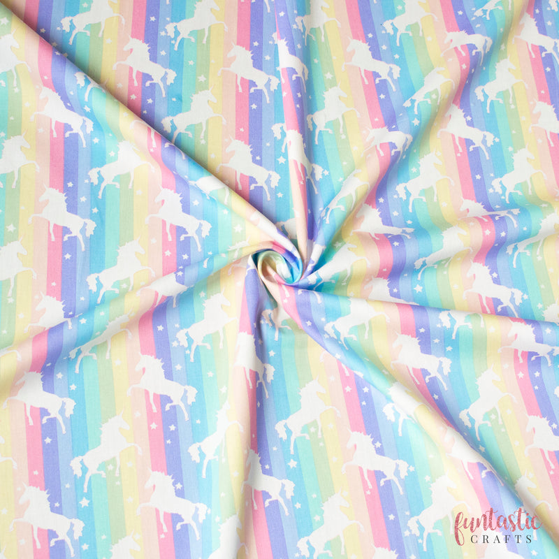 Unicorns Pastel Rainbow Stripe - 100% Cotton Fabric by Rose and Hubble