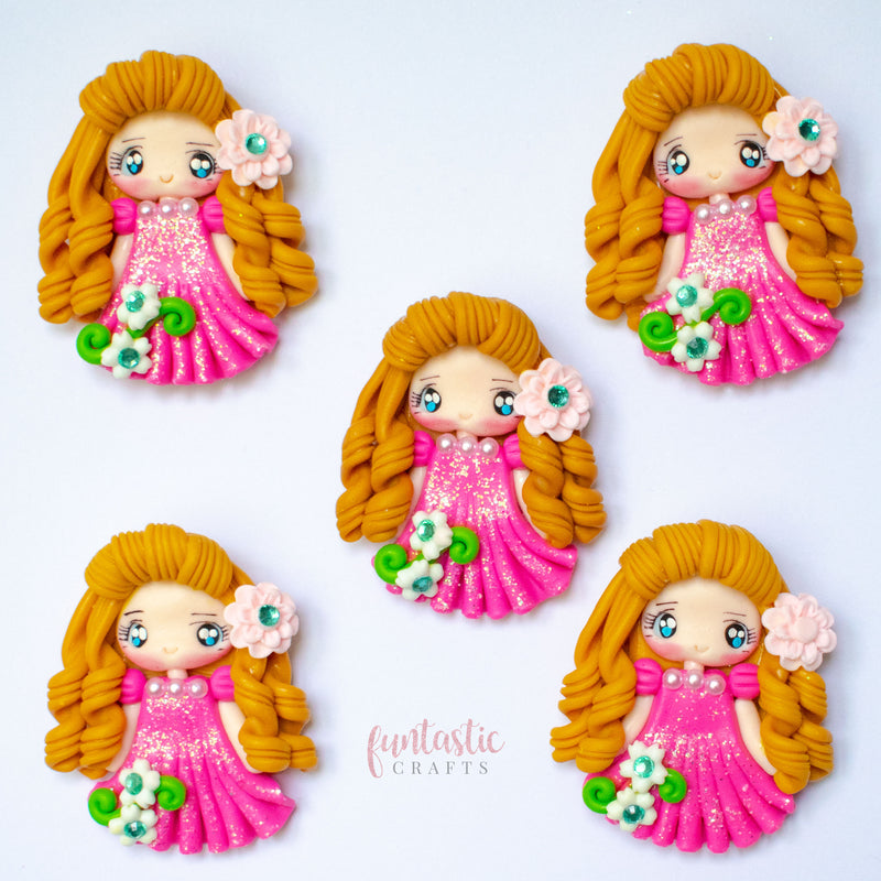 Handmade Flat Back Clay Embellishments - Pink Glitter Dress Girls