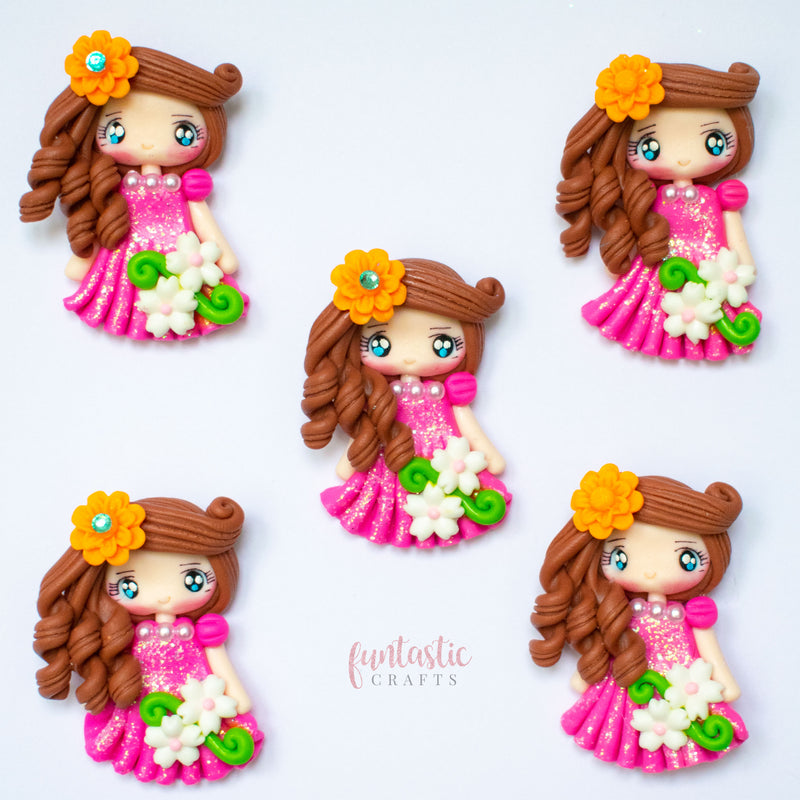 Handmade Flat Back Clay Embellishments - Pink Glitter Dress Girls