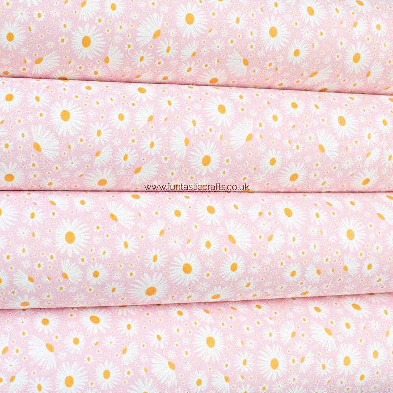 Blush Pink Daisy Floral Glitter Faux Suede Fabric