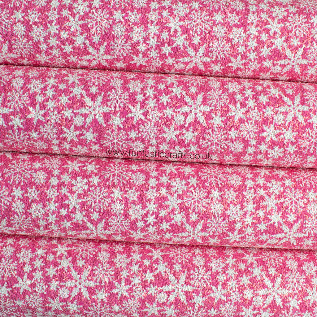 Pink Snowflakes - Christmas Chunky Glitter Fabric