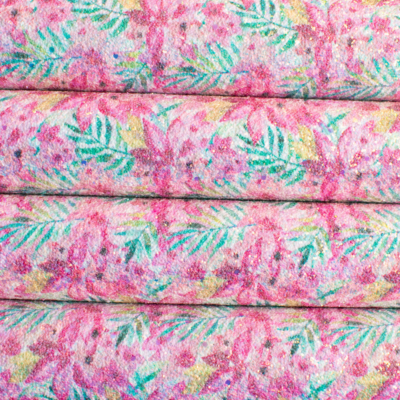 Pink Tropical Floral Printed Chunky Glitter Fabric