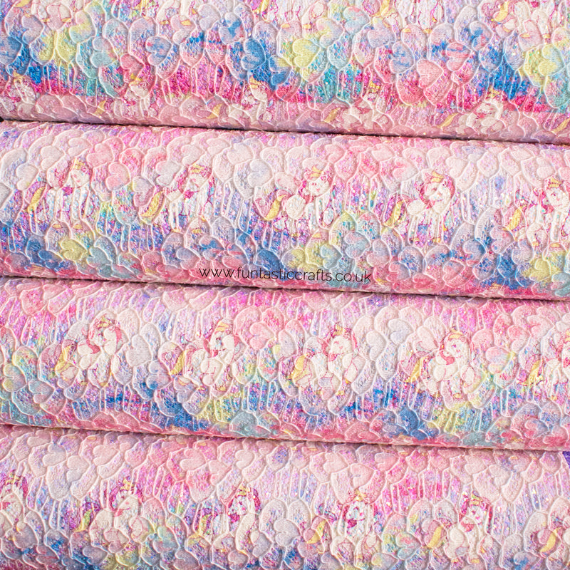 Iridescent Unicorn Printed Glitter Lace Fabric - Pink