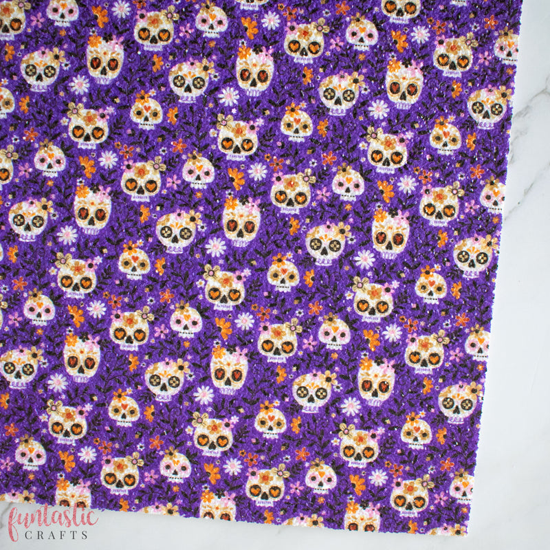 Purple Sugar Skulls Halloween Chunky Glitter Fabric