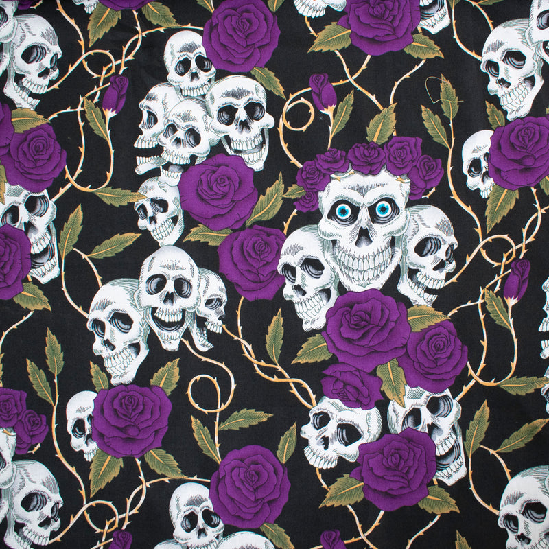 Skulls and Purple Roses 100% Cotton Fabric