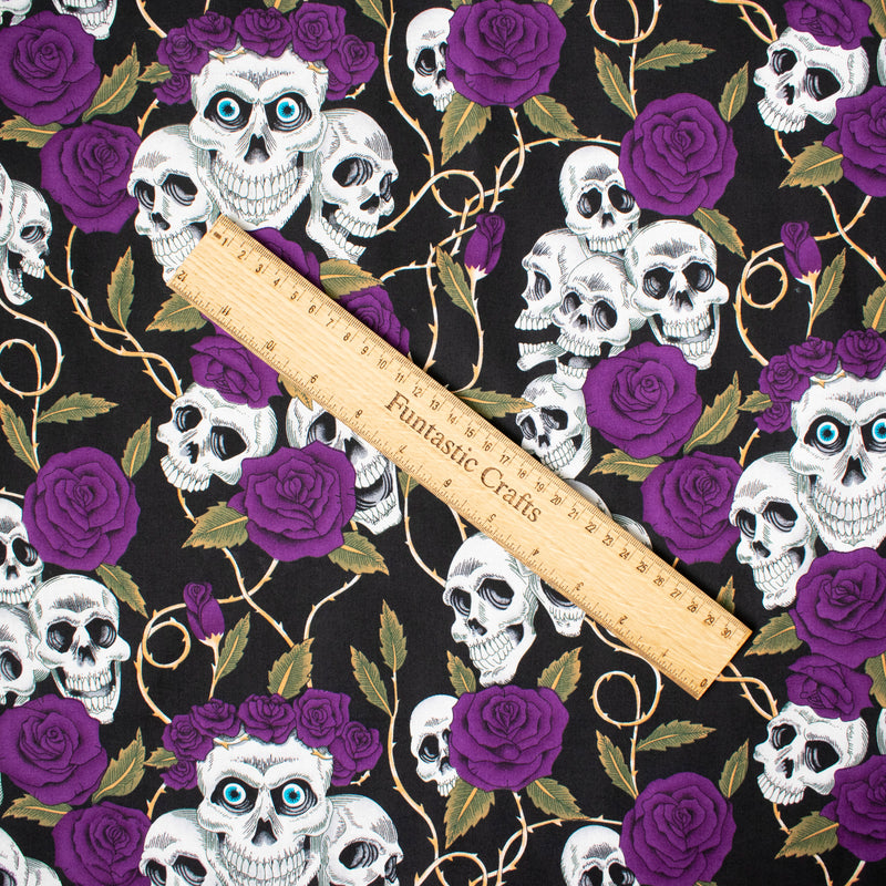 Skulls and Purple Roses 100% Cotton Fabric