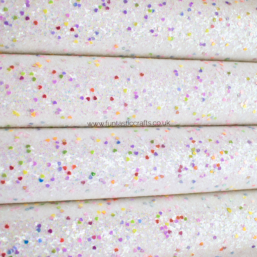 Tiny Rainbow Hearts Chunky Glitter Fabric