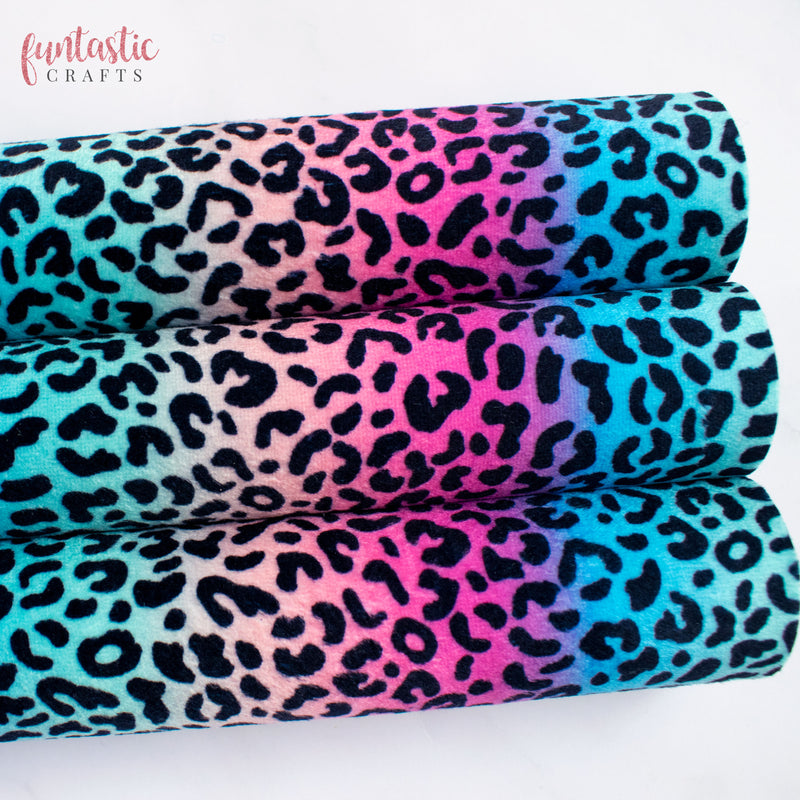 Rainbow Leopard Print Crushed Velvet Fabric Felt