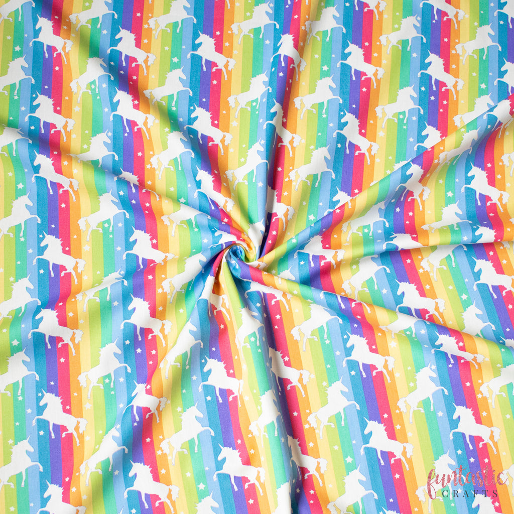 Unicorns Rainbow Stripe - 100% Cotton Fabric by Rose and Hubble
