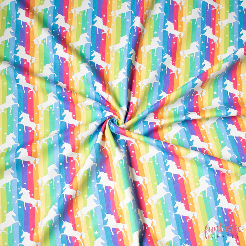 Unicorns Rainbow Stripe - 100% Cotton Fabric by Rose and Hubble