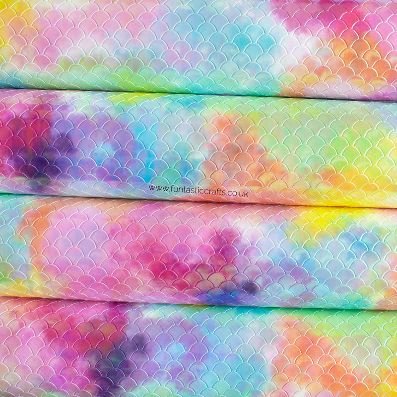 Rainbow Watercolour Mermaid Scales Textured Leatherette Fabric