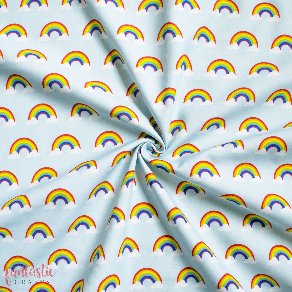 Rainbows on Sky Blue 100% Cotton Fabric