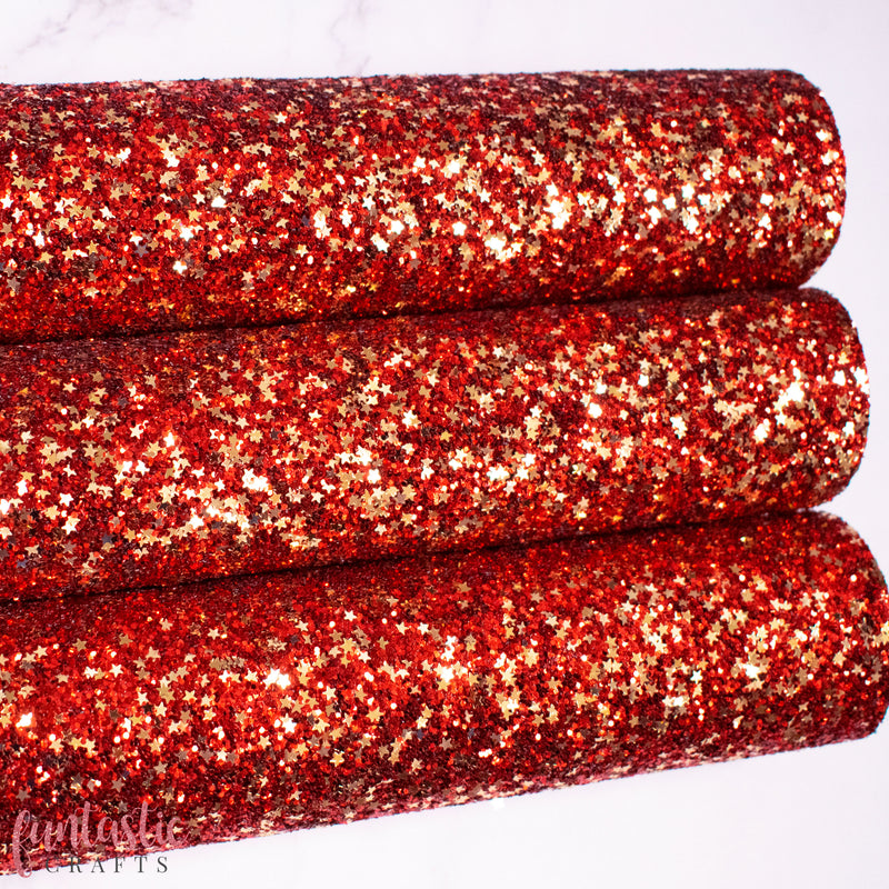 Gold Stars on Red Chunky Glitter Fabric
