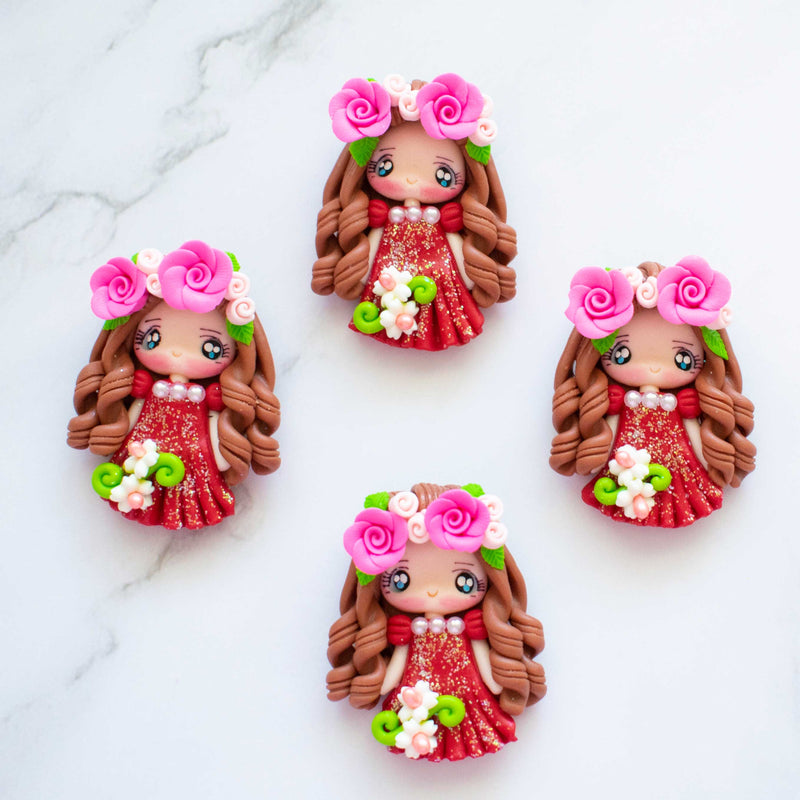 Handmade Flat Back Clay Embellishments - Red Glitter Dress Girls