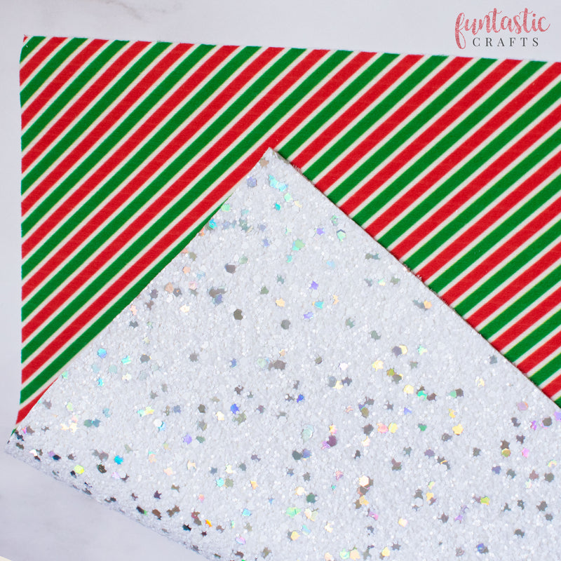 Red and Green Christmas Stripe Double Sided Glitter Fabric