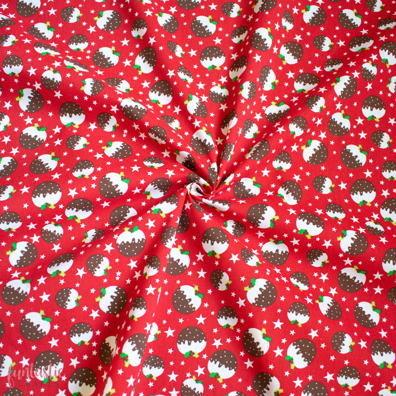 Christmas Pudding on Red Polycotton Fabric