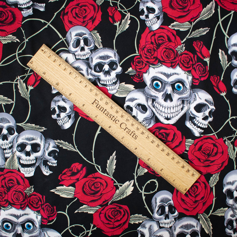 Skulls and Red Roses 100% Cotton Fabric